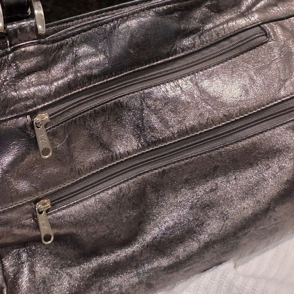 Vintage SHS Metallic Black Textured Leather Multi-Zip Shoulder Bag